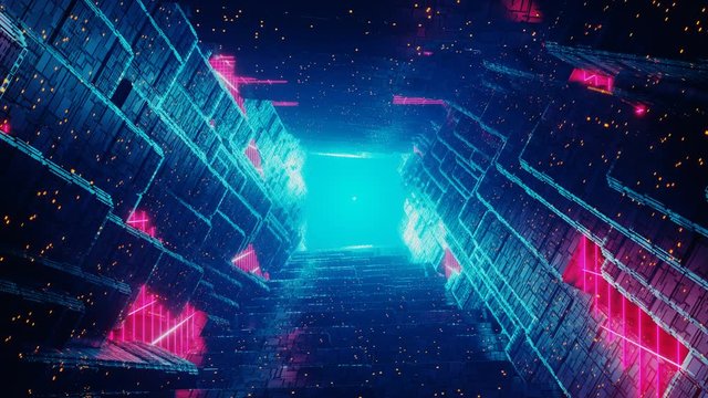 Infinite loopable rock tunnel in cyberspace, retro futuristic concept. 3D render animation. Rock lanscape in cosmos or galaxy, space 80s style wireframe for VJ DJ music background. Digital geometric