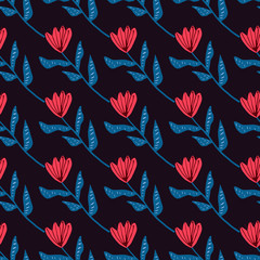 Dark contrast seamless botanic flower pattern. Red tulips with blue stems on black background.