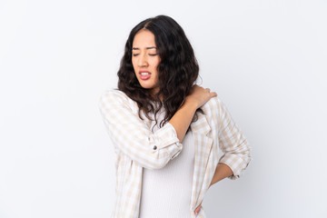 Fototapeta premium Mixed race woman over isolated white background suffering from pain in shoulder for having made an effort