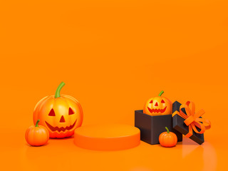 Halloween pumpkin with podium display stand on orange background 3d rendering. 3d illustration pumpkin for celebration luxury Halloween event template minimal style concept.