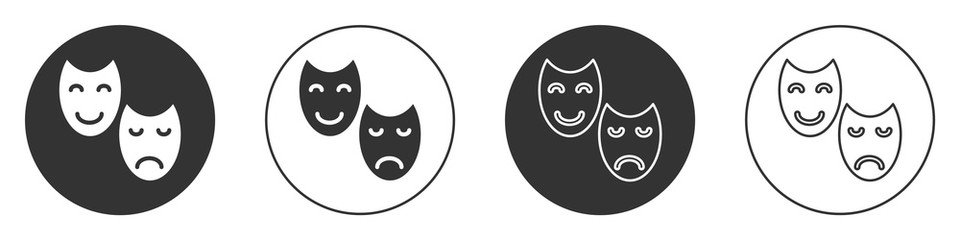 Black Comedy and tragedy theatrical masks icon isolated on white background. Circle button. Vector.