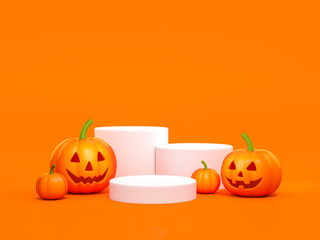 Halloween pumpkin with white podium display stand on orange background 3d rendering. 3d illustration pumpkin for celebration luxury Halloween event template minimal style concept.