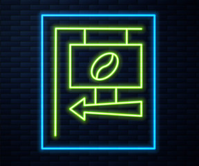 Glowing neon line Street signboard coffee icon isolated on brick wall background. Vector Illustration.