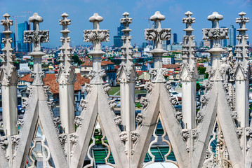 A detail of a Gothic cathedral, Milan, Italy