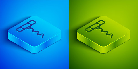 Isometric line Wine corkscrew icon isolated on blue and green background. Square button. Vector Illustration.