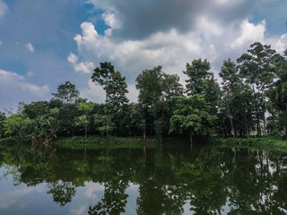 Reflection of trees and cloudy sky on a lake surrounded by trees