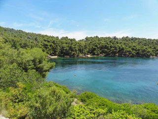 Naklejka na ściany i meble Wild beautiful beach with turquoise water, fine sand and large stones. Greece halkidiki bay. Kassandra on the Halkidiki peninsula.