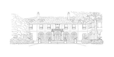 Fototapeta na wymiar Black and white sketch, wedding venue, architecture. Vector illustration with style mansion, big tree in front of it, country estate. Historic building, location for your elegant countryside wedding.