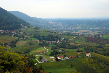 Naklejka premium Mountain green meadows in a foggy morning.