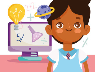back to school, student boy lesson online computer elementary education cartoon