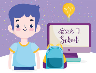 back to school, student boy backpack and computer elementary education cartoon