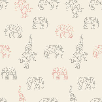 Seamless Pattern With Polygon Elephants. Low Poly Animal. Triangle Graphic, Origami Style. Beige Red Background. Abstract Geometric Modern Design. Vector Illustration For Fabric, Printing, T-shirts