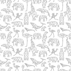 Seamless pattern with polygon animals. Low poly bear, flamingo, whale, elephant. Triangle graphic, origami style. Abstract geometric modern design. Vector illustration for fabric, printing, t-shirts