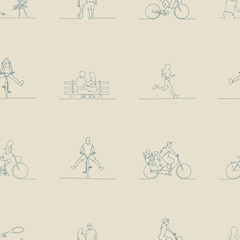 Seamless pattern with silhouettes of people in park. Continuous line drawing of lovers, cyclists, jogging, beach games. Beige cream background. Vector illustration for fabric, prints, t-shirts