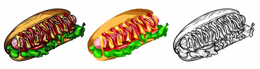 Raster illustration of fast food in the style of the sketch. Hamburgers, pizza, sandwiches, fries, hot dogs. High-quality detailed drawing of elements.