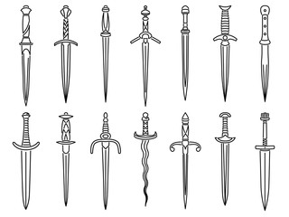 Set of simple vector images of medieval dirks and daggers drawn in art line style.