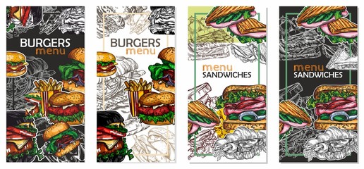 Raster illustration of fast food in the style of the sketch. Hamburgers, pizza, sandwiches, fries, hot dogs. High-quality detailed drawing of elements.