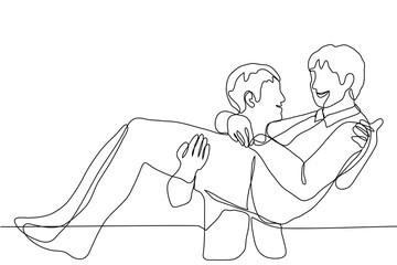 two men, one of whom holds the other in his arms (like a bride), both guys smile and look at each other. One continuous line art concept of male gay wedding, romantic and love gesture, friends