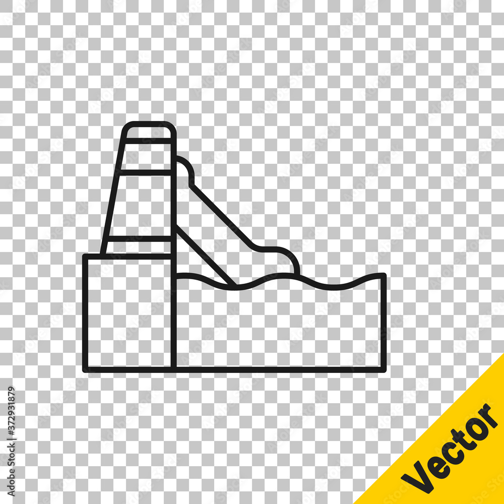 Poster black line water slide with pool icon isolated on transparent background. aquapark. vector.
