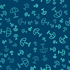 Green line Sun protective umbrella for beach icon isolated seamless pattern on blue background. Large parasol for outdoor space. Beach umbrella. Vector.