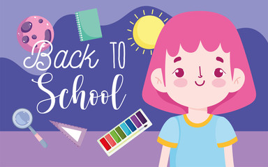 back to school, student girl ruler agnifier book elementary education cartoon