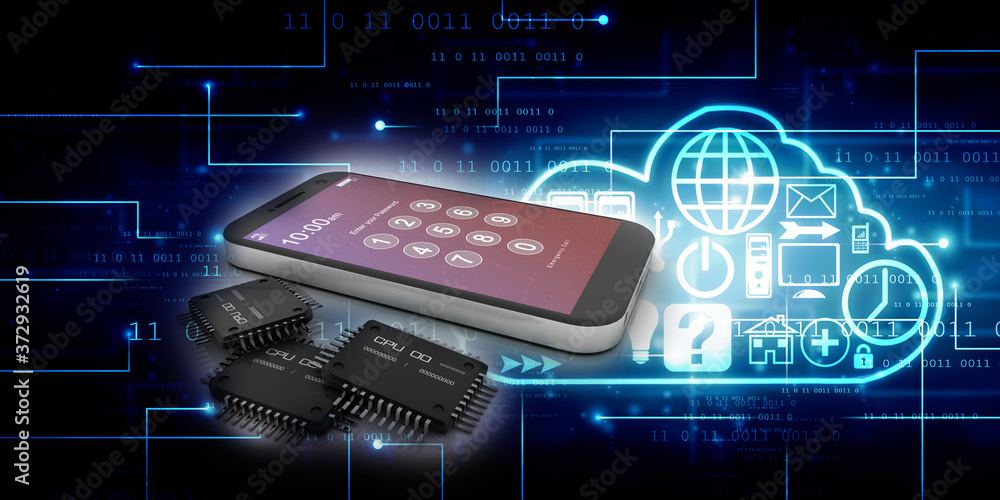 Poster 3d rendering microchips with mobile phone