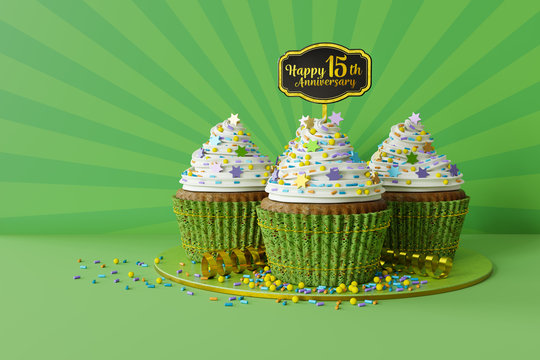 3d rendering of cupcakes on a marble plate, text Happy 15th Anniversary on a topper, green background