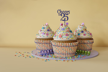 3d rendering of cupcakes on a marble plate, text Cheers to 25 on a topper, yellow background