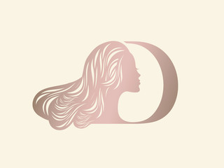 Woman with long, wavy hairstyle and letter D.Hair salon and beauty studio logo.Lettering icon and profile portrait silhouette.Rose gold color.Cosmetics and spa face isolated on light background.