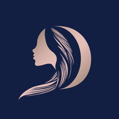 Woman with long, wavy hairstyle and letter D.Hair salon and beauty studio logo.Lettering icon and profile portrait silhouette.Rose gold color.Cosmetics and spa.