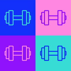 Pop art line Dumbbell icon isolated on color background. Muscle lifting icon, fitness barbell, gym, sports equipment, exercise bumbbell. Vector.