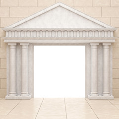 Obraz premium White portal in antique style, against a beige stone wall. Glowing portal with columns in a classic style. 3D Render