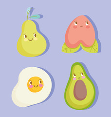 cute food pattern design, cartoon peach egg avocado and pear