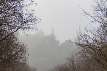 Hermitage de San Jorge in the fog. Huesca (Spain)