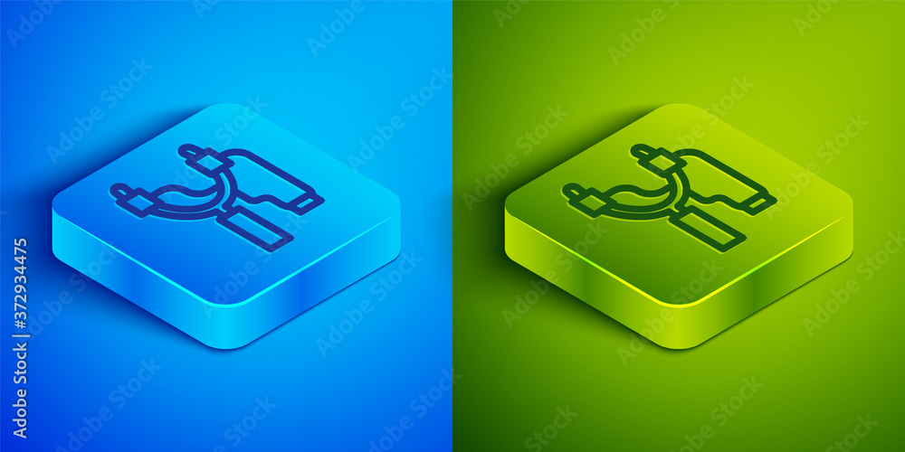 Poster isometric line slingshot icon isolated on blue and green background. square button. vector.