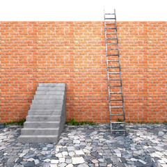 Ladder on brick wall with white background