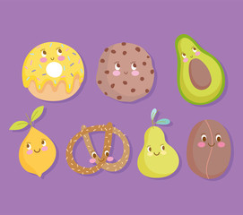 purple background with fresh donut cookie avocado pear lemon and pretzel cartoon icons