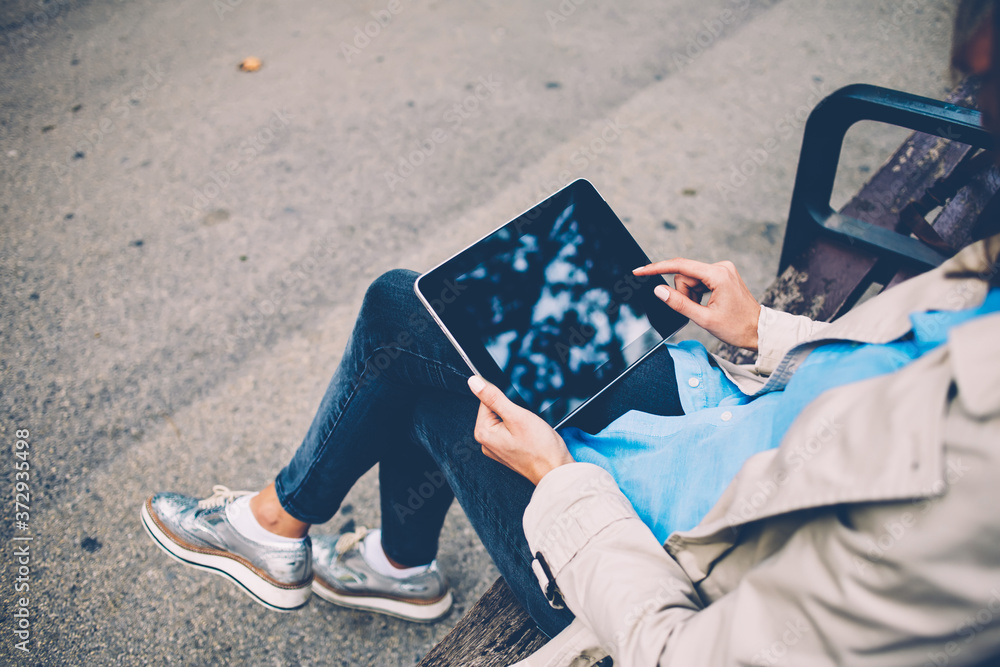 Poster digital tablet with copy space area for web internet advertising text, cropped view of female millen