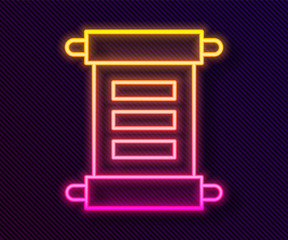 Glowing neon line Decree, paper, parchment, scroll icon icon isolated on black background. Vector.