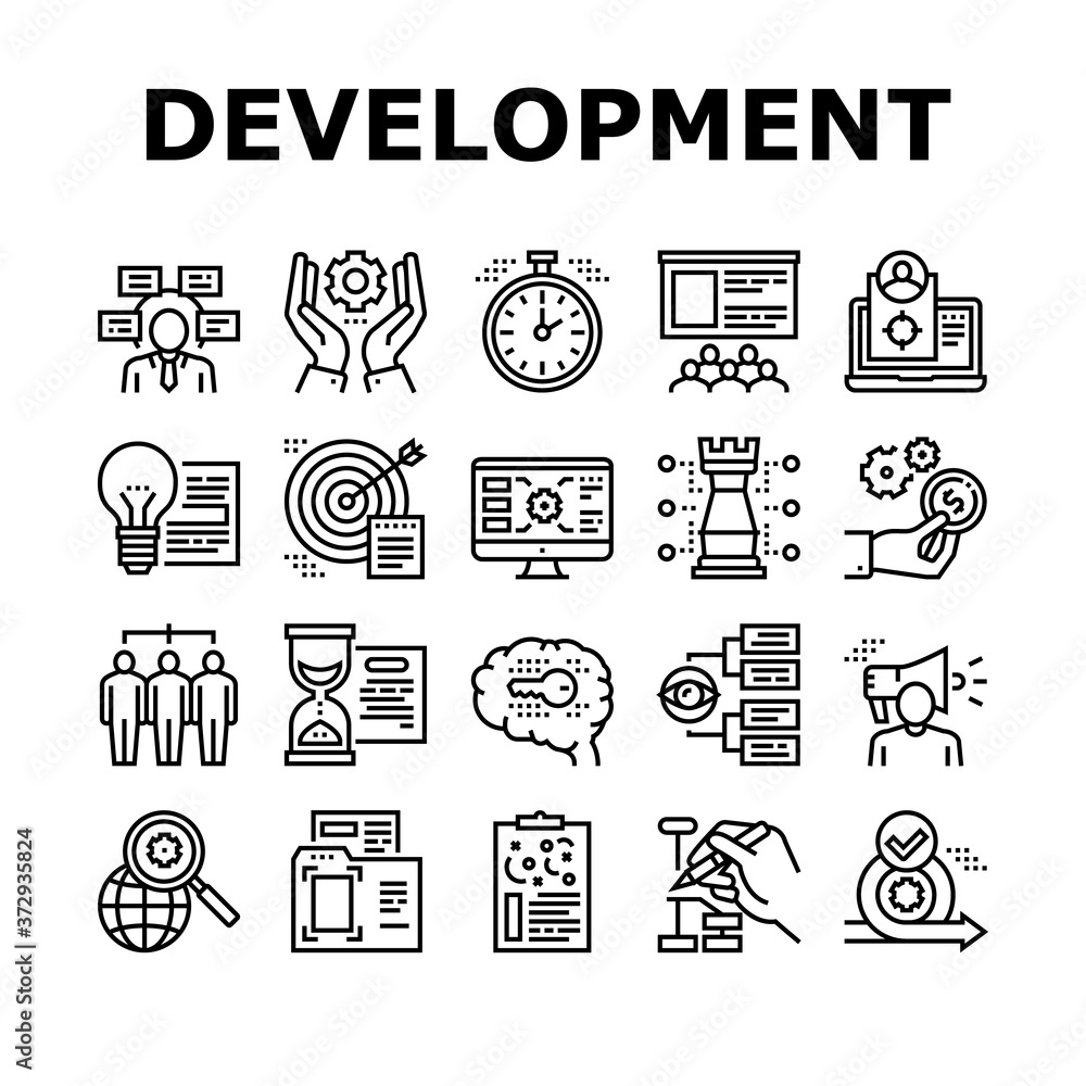 Poster project development collection icons set vector. development idea and target, working time and deadl