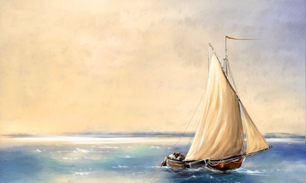 Digital oil paintings landscape, old sailing ship on the sea. Fine art.