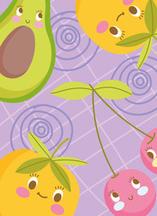 cute food pattern design, cartoon fruits orange cherry avocado and lemon decoration