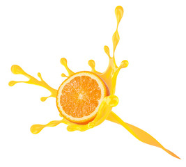 An orange splash. concept of orange with juice, isolated on white background. Clipping path.