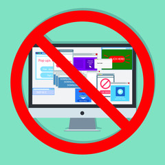 Ad blocking, Pop up ad blocker flat vector banner icon. Advertising on the tablet.Stop spam