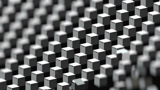 3D gray cubes rotating moving on black space background. Minimal textless animation great for ads. Abstract pattern for business presentation. 3D render modern nano technologies. Space to put text