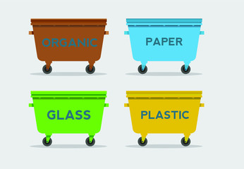 Different colored trash cans with paper, plastic, glass and organic waste suitable for recycling. Segregate waste.
