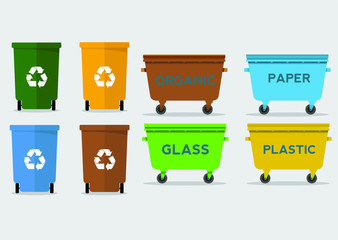 Different colored trash cans with paper, plastic, glass and organic waste suitable for recycling. Segregate waste.
