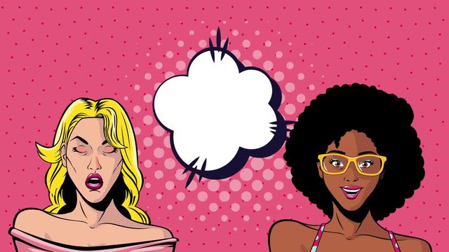 pop art style animation with sexi interracial girls