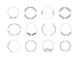 Set of hand drawn floral frames. Nature design elements. Vintage wedding style. Vector illustration.