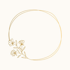 Round frame with flowers. Wedding golden design. Vector illustration.